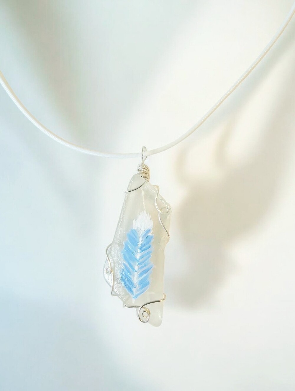 Handmade Blue Feather Sea Glass Pendant Necklace
